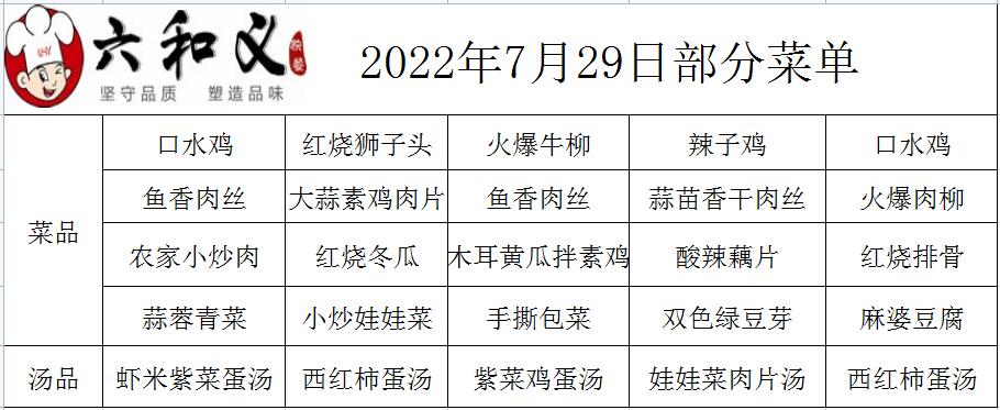 2022年7月29日部分菜单展示  