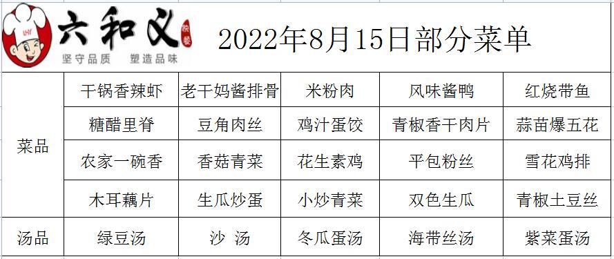 2022年8月15日部分菜单展示  